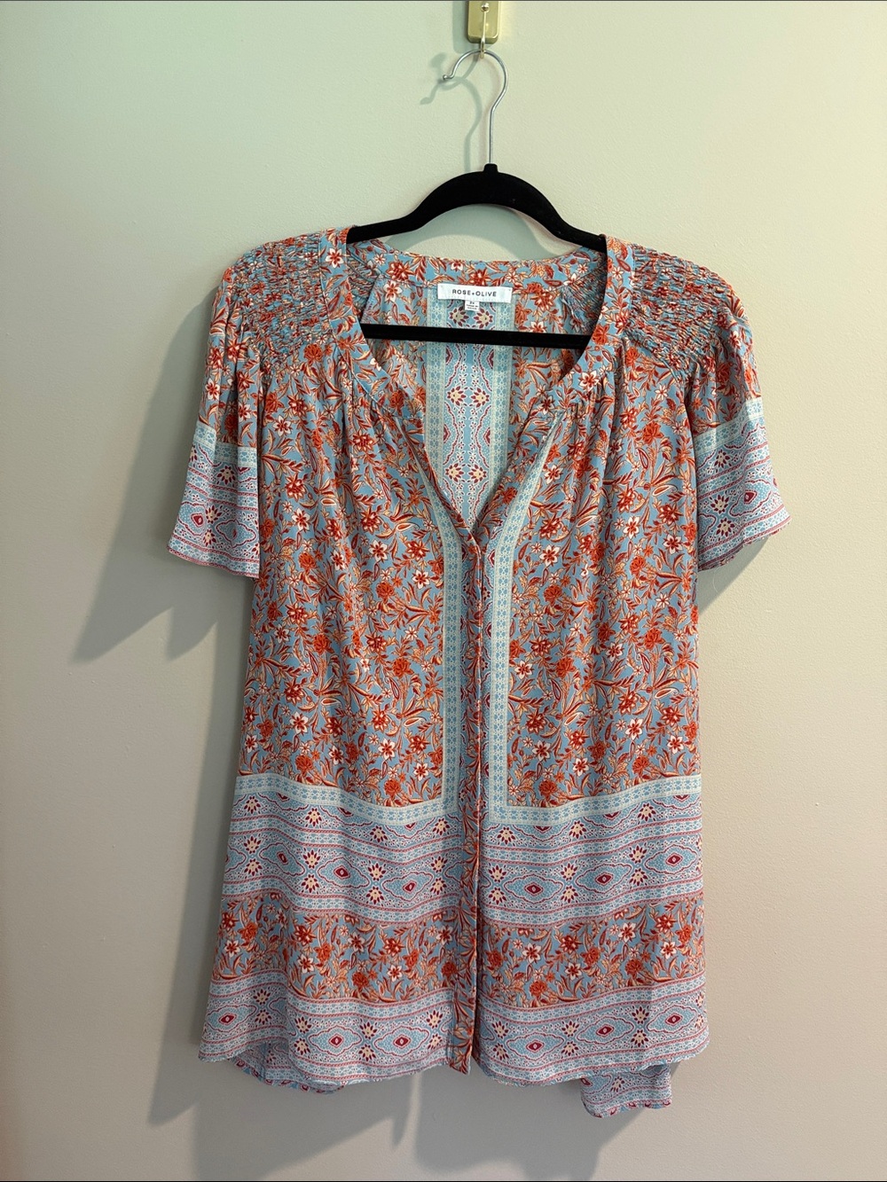 Rose & Olive Coral and Light Blue Floral Split-Neck Tunic